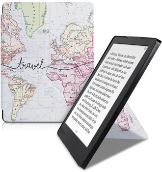 kwmobile Kunstleder eReader Schutzhülle Cover Case für Kobo Aura H2O Edition 2 - Travel Schriftzug Design Schwarz Mehrfarbig