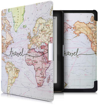kwmobile Kunstleder eReader Schutzhülle Cover Case für Kobo Aura Edition 1 - Travel Schriftzug Design Schwarz Mehrfarbig