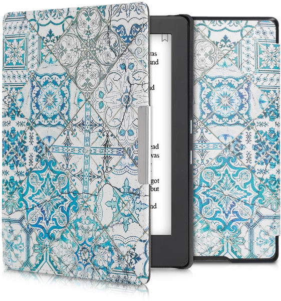 kwmobile Kunstleder eReader Schutzhülle Cover Case für Kobo Aura H2O Edition 1 - Marokkanische Fliesen einfarbig Design Blau Grau Weiß
