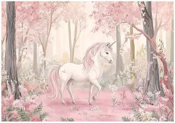 Wallarena Vlies Kinderzimmer 150x105 cm Einhorn Fototapeten für Kinder Mädchen Kinderzimmertapete rosa Blumen Fantasy (15697VX3)
