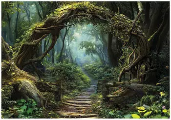 Wallarena Vlies Wald Fantasie 250x175 cm Fototapeten f&uuml;r Wohnzimmer Schlafzimmer Wandtapete 3D Effektinkl. Kleister Landschaft gr&uuml;n Br&uuml;cke (15690VX5)