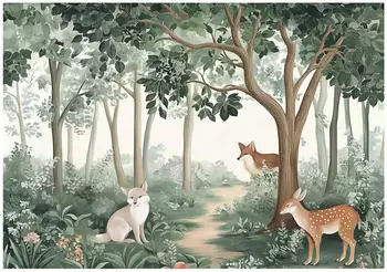 Wallarena Vlies Kinderzimmer 150x105 cm Wald Landschaft Fototapeten f&uuml;r Kinder M&auml;dchen & Jungen Kinderzimmertapete Hirsch Reh gr&uuml;n (15597VX3)