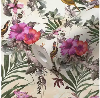 Bricoflor A.S. Cr&eacute;ation Vogel Floral Gr&uuml;n Beige 381786 Blumen mit Tieren f&uuml;r K&uuml;che 10,05x0,53m Made in Germany