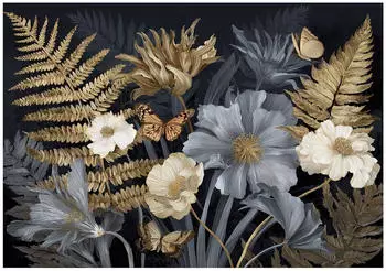Wallarena Vlies Botanisch 350x250 cm Fototapeten f&uuml;r Wohnzimmer Schlafzimmer Wandtapete 3D Effektinkl. Kleister Bl&auml;tter Blumen gold grau (16036VX7)
