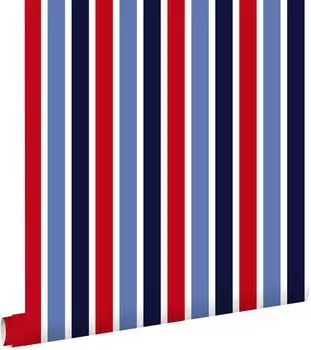 ESTAhome Tapete Vertikale Streifen Dunkelblau Rot und Weiß 53 cm X 10,05 m