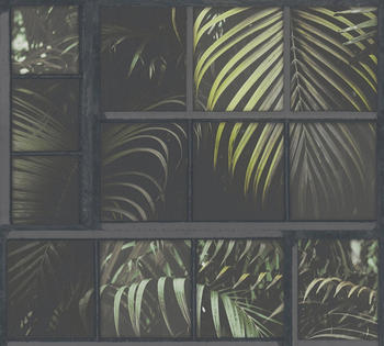 Livingwalls Industrial - floral, botanisch, mit Palmen, graugrün-schwarz (61219556)