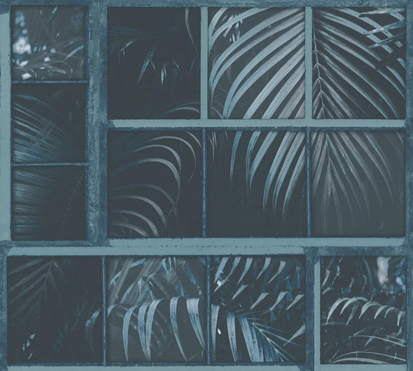 Livingwalls Industrial - floral, botanisch, mit Palmen, taubenblau-schwarz (42954509)