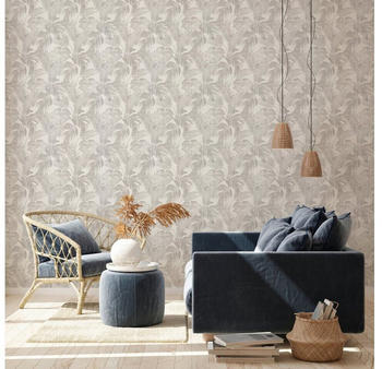 Livingwalls New Walls Cosy & Relax mit Palmenblättern - strukturiert, floral, creme-grau (69126742)