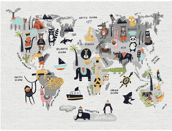 Livingwalls The Wall Weltkarte mit Tiermotiven 7-tlg. 371 x 280 cm