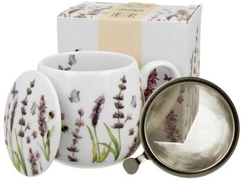 Formano DUO FLORAL Fassbecher 430 ml CLASSIC LAVENDER mit Teesieb, New Bone China Porzellan