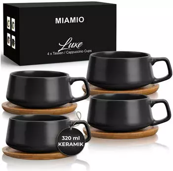 MiaMio Luxe Collection Kaffeetassen mit Unterteller, Steingut, Schwarz, 4er Set 320ml (MM-167)