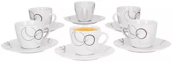 Van Well Palazzo Kaffeetassen-Set 6-tlg. 20cl mit Untertasse, Porzellan weiß/grau/dunkelrot