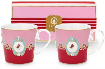 PiP Studio STUDIO Love Birds Medallion Red-Pink Henkelbecher Large 0,25l Set2