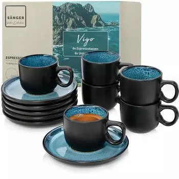 S&auml;nger Vigo Espressotassen-Set Steingut, blau-schwarz, 12-teilig, 80ml