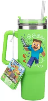Paladone Minecraft Thermobecher mit Strohhalm, neon-grün, 900ml (PP14600MCF)