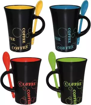 Haus und Deko TiborTex Kaffeebecher 4er-Set mit Löffeln, Keramik, schwarz bunt, XL (0,28L)