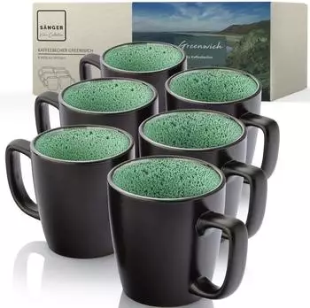 Sänger Greenwich Kaffeebecher 6er-Set, Steingut, grün/schwarz, 430ml