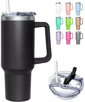 LuxusKollektion Thermobecher mit Henkel 2-in-1-Deckel 1180ml, Edelstahl, schwarz