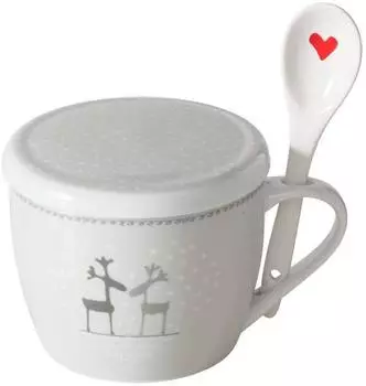 Boltze Weihnachtstasse Jumbo "Lovelies" mit Deckel und Löffel, 600ml, hellgrau