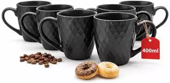 BigDean Kaffeebecher 6er-Set Steingut schwarz Waffeldesign 400ml