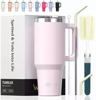 LuxusKollektion Thermobecher to Go 591ml Edelstahl, doppelwandig, ros&eacute;, mit Griff und Strohhalm