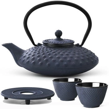 Bredemeijer asiatisch Gusseisen Teekanne 1,25l Set blau + 2 Tassen, gusseiserne Untersetzer