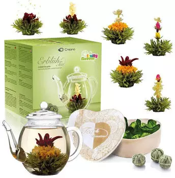 Creano Erblühtee Teeblumen Mix Grüner Tee Herz-Holzbox 6er Set mit Glas-Teekanne 500ml (045)