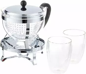 Bodum Chambord Teebereiter-Set mit Rechaud 1,3L + 2 Doppelwandgl&auml;ser 0,35L (K11143-16-1)