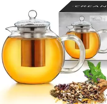 Creano Glasteekanne 1,3l mit Edelstahl-Sieb und Glasdeckel (056)