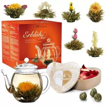 Creano Erblühtee Geschenkset Herzholzbox & Glaskanne 500ml, 6 Sorten Weißtee (006+290)