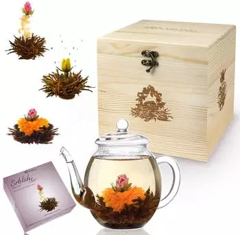 Creano Teeblumen Mix Geschenkset 6 Teerosen, Glaskanne 500ml, Holz-Dekobox (262)