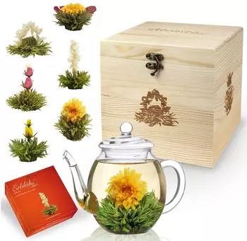 Creano ErblühTee Geschenkset Weißer Tee, 6 Sorten, Teekanne 500ml, Holzbox (261)