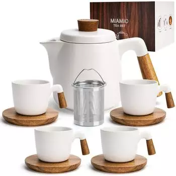 MiaMio Keramik-Teekannen-Set 1L mit 4 Tassen (300ml), weiß (MM-145)