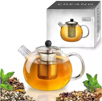Creano Glasteekanne 1,0l mit Edelstahl-Sieb und Deckel, tropffrei (608)