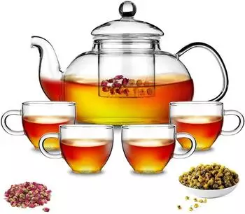 LuxusKollektion Glas-Teekanne mit Teesieb 1000ml, 4 Teetassen, mikrowellenfest