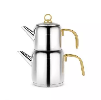Karaca New Mira Gold Türkisches Teekannen-Set, Edelstahl, 1L & 2L, induktionsgeeignet (1000016687001)
