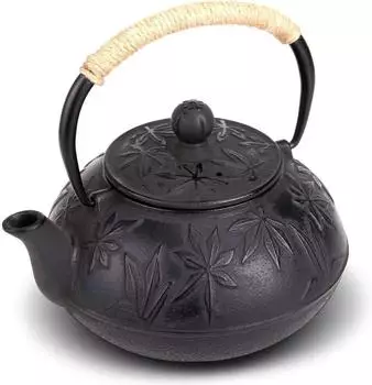 LuxusKollektion Teekanne aus Gusseisen mit Edelstahlsieb, 800ml, schwarz, Ahornbl&auml;tter