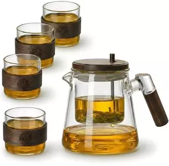 LuxusKollektion Teekanne aus Borosilikatglas 800ml mit Druckknopf-Sieb & 4 Tassen