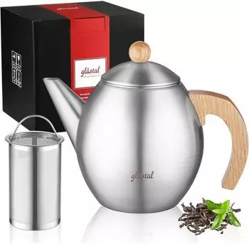 LuxusKollektion Teekanne Edelstahl 1200ml doppelwandig mit Teesieb und St&ouml;vchen (Typ9)