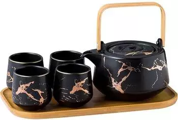 Gerster Japanisches Keramik-Teeservice f&uuml;r 4 Personen mit Holztablett, schwarz