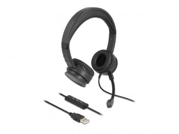DeLock USB Stereo Headset On-Ear kabelgebunden mit Kabelfernbedienung und Quick-Mute Taste Schwarz (27180)
