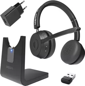 GEQUDIO Bluetooth Headset GB-2 mit Ladestation,USB,Netzteil (Kabellos), Office Headset