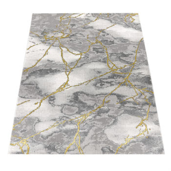 Paco Home Kurzflor Teppich Modern Marmor Design Abstraktes Muster Grau Gold 160x230 cm