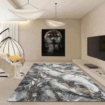 Vimoda Moderner Teppich mit Marmor-Optik Grau und Gold Tönen Maße:200x290 cm