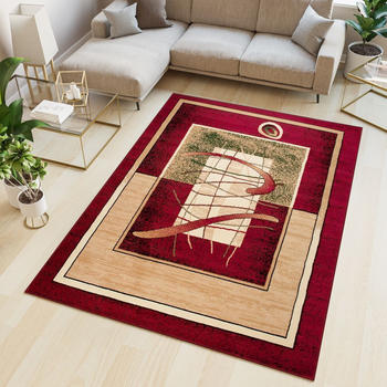 Tapiso Kurzflor Design Vierecke Streifen Rot Beige Creme Grün Bordüre Meliert Esszimmer 250x300 cm