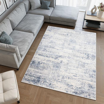 Tapiso Kurzflor Modern Design Creme Blau Grau Meliert Vintage Patchwork 3D Optik 250x350 cm