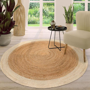 TT Home Wohnzimmer-Teppich Jute Rund Modern Boho Handgefertigt Natur-Teppich Bordüre Ø 200 cm Rund