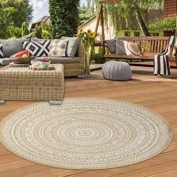 Teppich-Traum Ethno-Outdoor-Teppich Terrassenteppich rund Beige Weiß – Modern robust vielseitig 120 cm Rund
