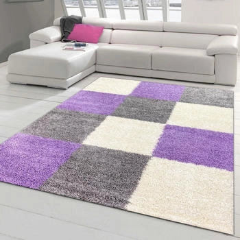 Teppich-Traum Shaggy Teppich Hochflor Teppich Gemustert Karo Design Flieder Grau Creme 140x200 cm