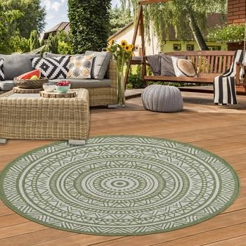 Teppich-Traum Eleganter runder Outdoor-Teppich mit Ethno-Muster – Stilvolles Grün Weiß pflegeleicht 120 cm Rund